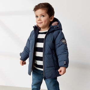 Navy Borg Fleece Lined Shower Resistant Hooded Padded Coat (3mths-6yrs)