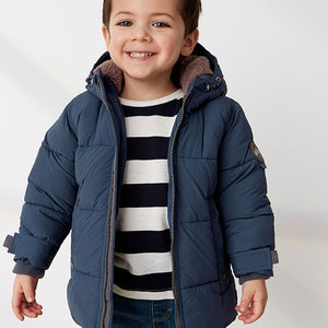 Navy Borg Fleece Lined Shower Resistant Hooded Padded Coat (3mths-6yrs)