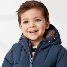 Load image into Gallery viewer, Navy Borg Fleece Lined Shower Resistant Hooded Padded Coat (3mths-6yrs)
