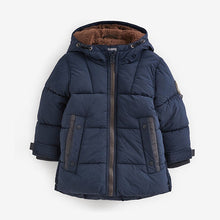 Load image into Gallery viewer, Navy Borg Fleece Lined Shower Resistant Hooded Padded Coat (3mths-6yrs)
