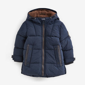 Navy Borg Fleece Lined Shower Resistant Hooded Padded Coat (3mths-6yrs)