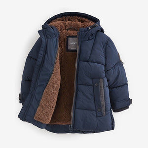 Navy Borg Fleece Lined Shower Resistant Hooded Padded Coat (3mths-6yrs)