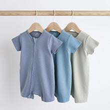 Load image into Gallery viewer, Blue Baby Two Way Zip 100% Cotton Rompers 3 Pack (0-18mth)
