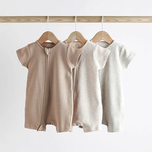 Load image into Gallery viewer, Neutral 3 Pack Two Way Zip Baby 100% Cotton Rompers (0mths-12mth)
