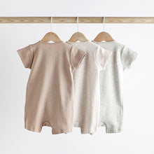 Load image into Gallery viewer, Neutral 3 Pack Two Way Zip Baby 100% Cotton Rompers (0mths-12mth)
