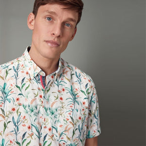 White Linen Blend Floral Short Sleeve Shirt