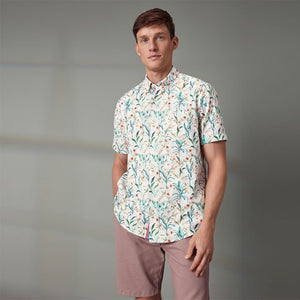 White Linen Blend Floral Short Sleeve Shirt