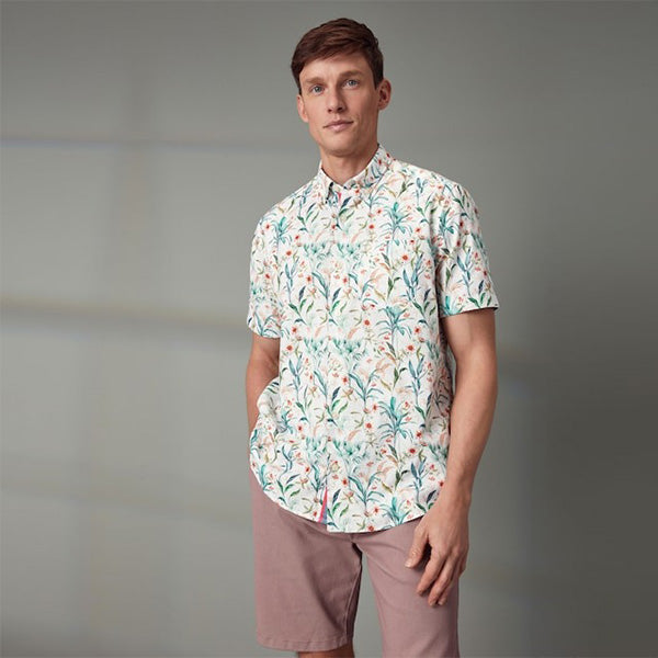 White Linen Blend Floral Short Sleeve Shirt