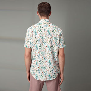 White Linen Blend Floral Short Sleeve Shirt
