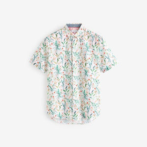 White Linen Blend Floral Short Sleeve Shirt