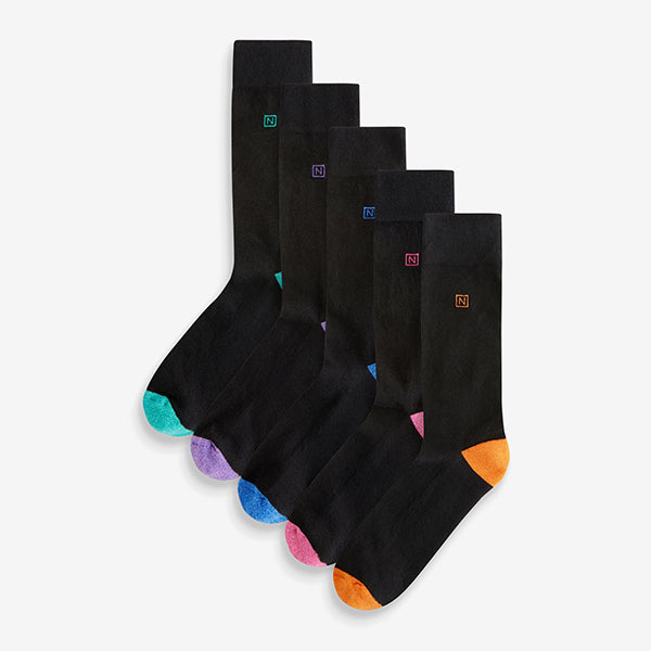 Black Bright Heel 5 Pack Cushioned Sole Comfort Socks