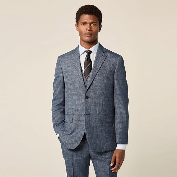 Blue Regular Fit Trimmed Textured Suit Jacket