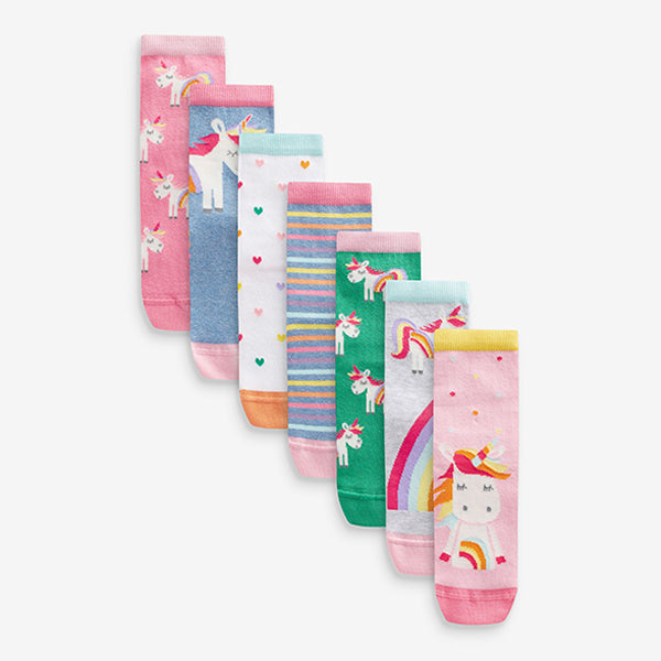 Pink, Green and blue 7 Pack Cotton Rich Unicorn Ankle Socks