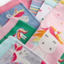 Load image into Gallery viewer, Pink, Green and blue 7 Pack Cotton Rich Unicorn Ankle Socks
