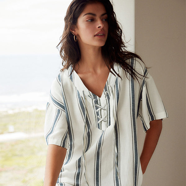 White/Blue Oversized Cover Up Kaftan With Linen