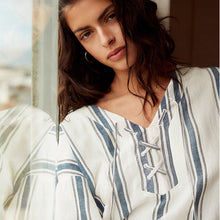 Load image into Gallery viewer, White/Blue Oversized Cover Up Kaftan With Linen
