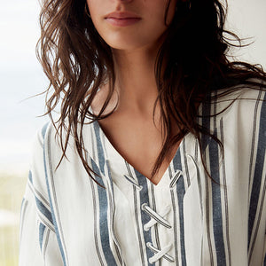 White/Blue Oversized Cover Up Kaftan With Linen