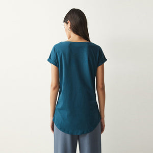 Blue Teal Round Neck Cap Sleeve 100% Cotton T-Shirt