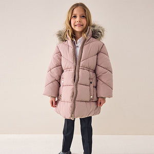 Toffee Pink Shower Resistant Faux Fur Trim Padded Coat (3-12yrs)