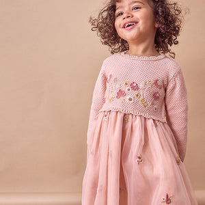 Pink 2-in-1 Occasion Long Sleeve Knitted Jumper Dress (3mths-5yrs)