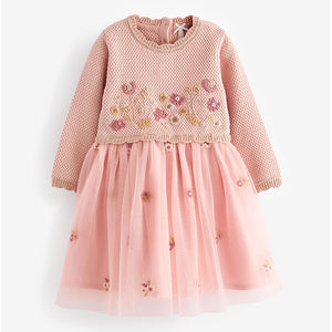 Pink 2-in-1 Occasion Long Sleeve Knitted Jumper Dress (3mths-5yrs)