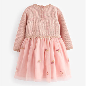 Pink 2-in-1 Occasion Long Sleeve Knitted Jumper Dress (3mths-5yrs)