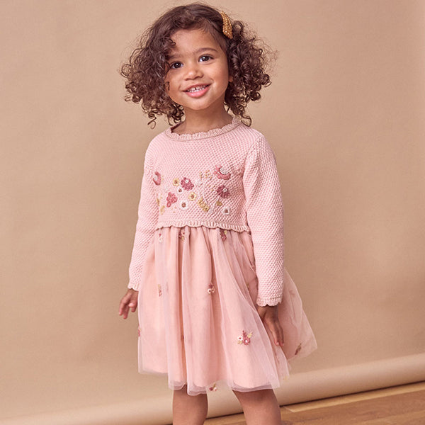 Pink 2-in-1 Occasion Long Sleeve Knitted Jumper Dress (3mths-5yrs)