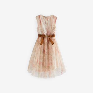 Pink Floral Mesh Tie Back Party Dress (3-12yrs)