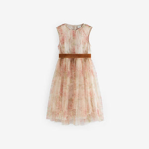 Pink Floral Mesh Tie Back Party Dress (3-12yrs)