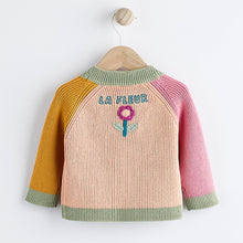 Load image into Gallery viewer, Pink/Yellow Colourblock Baby Embroidered Knitted 100% Cotton Cardigan (0mths-12mths)
