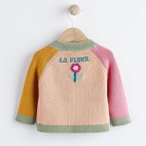 Pink/Yellow Colourblock Baby Embroidered Knitted 100% Cotton Cardigan (0mths-12mths)