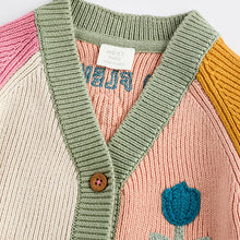 Load image into Gallery viewer, Pink/Yellow Colourblock Baby Embroidered Knitted 100% Cotton Cardigan (0mths-12mths)

