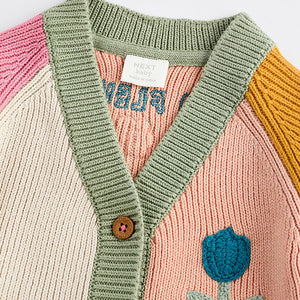 Pink/Yellow Colourblock Baby Embroidered Knitted 100% Cotton Cardigan (0mths-12mths)