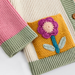 Pink/Yellow Colourblock Baby Embroidered Knitted 100% Cotton Cardigan (0mths-12mths)
