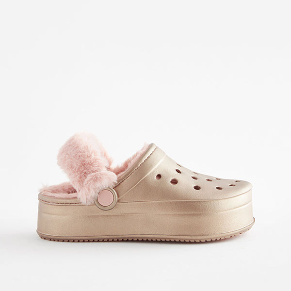Rose Gold Metallic Faux Fur Lined Chunky Clog Slippers
