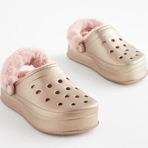 Rose Gold Metallic Faux Fur Lined Chunky Clog Slippers