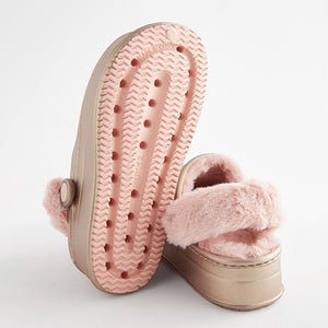 Rose Gold Metallic Faux Fur Lined Chunky Clog Slippers