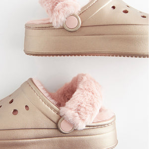 Rose Gold Metallic Faux Fur Lined Chunky Clog Slippers