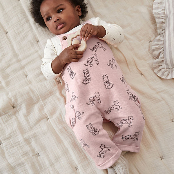 Pink Leopard Baby Jersey Dungarees & Long Sleeve 100% Cotton Bodysuit Set (0mths-18mths)