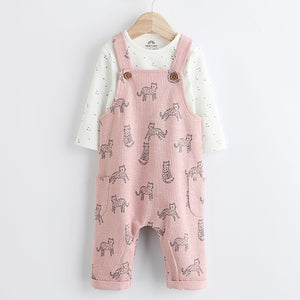 Pink Leopard Baby Jersey Dungarees & Long Sleeve 100% Cotton Bodysuit Set (0mths-18mths)