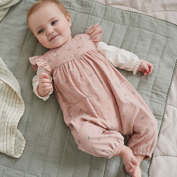 Pink Floral Baby Corduroy 100% Cotton Dungarees and Long Sleeve Bodysuit Set (0mths-18mths)