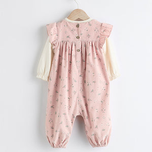 Pink Floral Baby Corduroy 100% Cotton Dungarees and Long Sleeve Bodysuit Set (0mths-18mths)