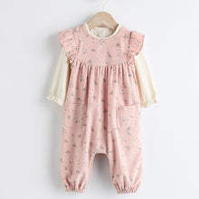 Load image into Gallery viewer, Pink Floral Baby Corduroy 100% Cotton Dungarees and Long Sleeve Bodysuit Set (0mths-18mths)
