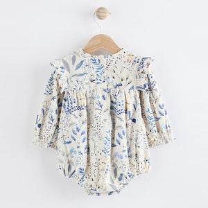 Blue Floral Baby Bloomer 100% Cotton Romper with Tights Set