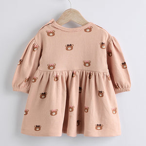 Caramel Brown/Pink Bear Print Baby Jersey Dress With Tights (0mths-18mths)