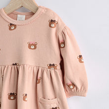 Load image into Gallery viewer, Caramel Brown/Pink Bear Print Baby Jersey Dress With Tights (0mths-18mths)
