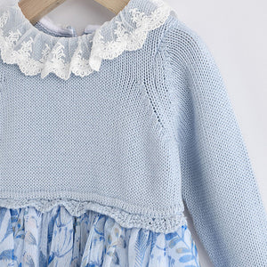 Blue Floral 2-in-1 Long Sleeve Knitted Jumper Frill Collar Mesh Dress (0mths-18mths)