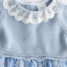 Load image into Gallery viewer, Blue Floral 2-in-1 Long Sleeve Knitted Jumper Frill Collar Mesh Dress (0mths-18mths)
