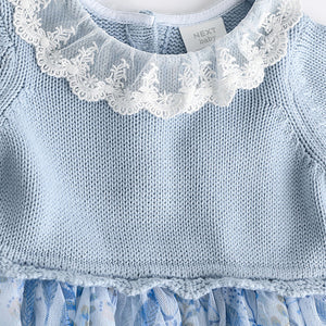 Blue Floral 2-in-1 Long Sleeve Knitted Jumper Frill Collar Mesh Dress (0mths-18mths)
