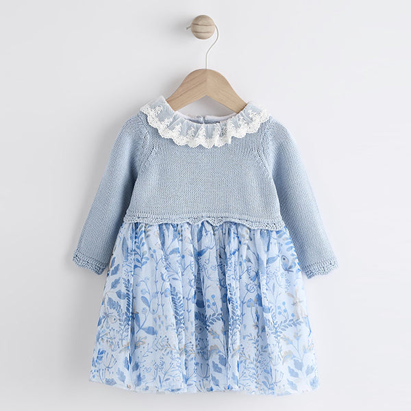 Blue Floral 2-in-1 Long Sleeve Knitted Jumper Frill Collar Mesh Dress (0mths-18mths)